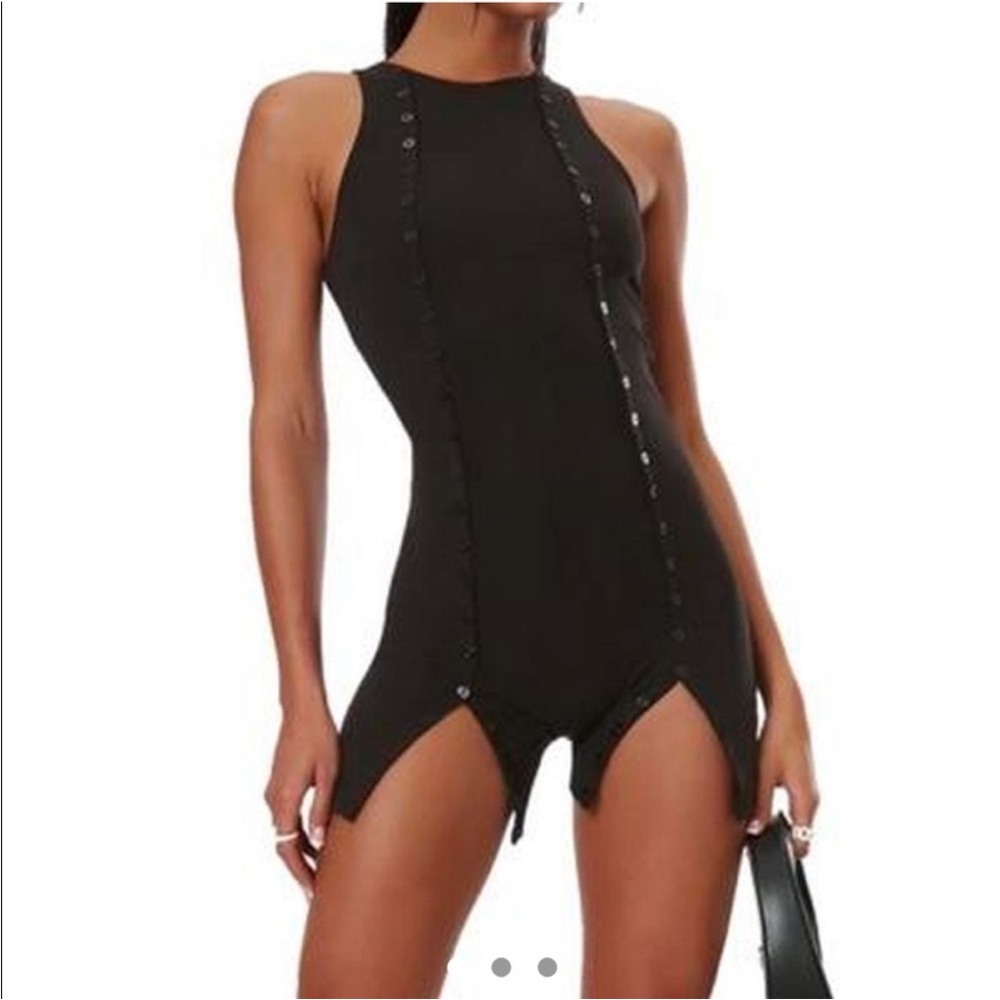 The Kript Basik Button Jumpsuit Romper Black Ribbed‎ Bodysuit Womens Large